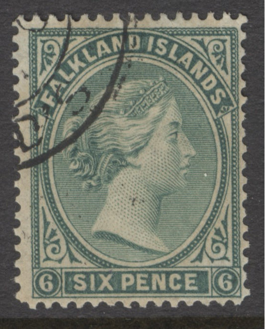 SG 3 Falklands 1878-79. 6d blue-green. Very fine used part CDS, leaves Queens profile clear CAT £85