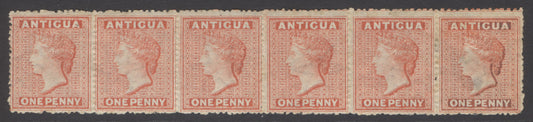 SG 7 Antigua 1863-67. 1d vermilion. Fresh strip of 6. Lightly mounted/mounted mint. A scarce multiple CAT £1500