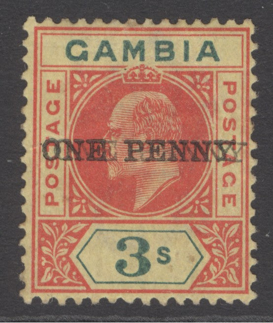 SG 70a Gambia 1906. 1d on 3/- green & carmine on yellow, variety surcharge double. Mounted mint, overall slight gum toning. BPA cert (1952). Very scarce CAT £1800