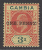 SG 70a Gambia 1906. 1d on 3/- green & carmine on yellow, variety surcharge double. Mounted mint, overall slight gum toning. BPA cert (1952). Very scarce CAT £1800