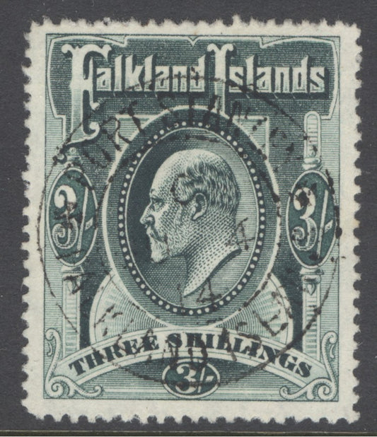 SG 49b Falklands 1904-12. 3/- deep green. Superb used with a crisply struck Port Stanley, June 4 1914 CDS CAT £160