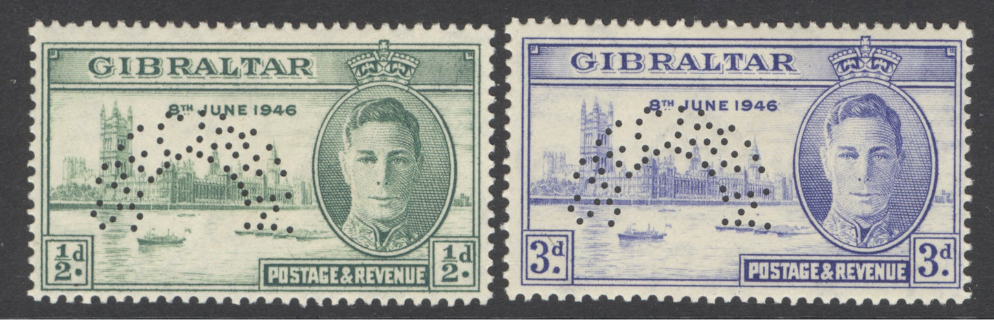 SG 132-133 Gibraltar 1946. ½d & 3d set of 2 ‘Perf’ specimen. Lightly mounted mint CAT £160