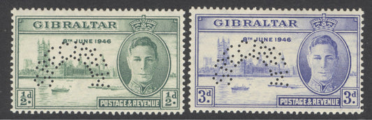 SG 132-133 Gibraltar 1946. ½d & 3d set of 2 ‘Perf’ specimen. Lightly mounted mint CAT £160