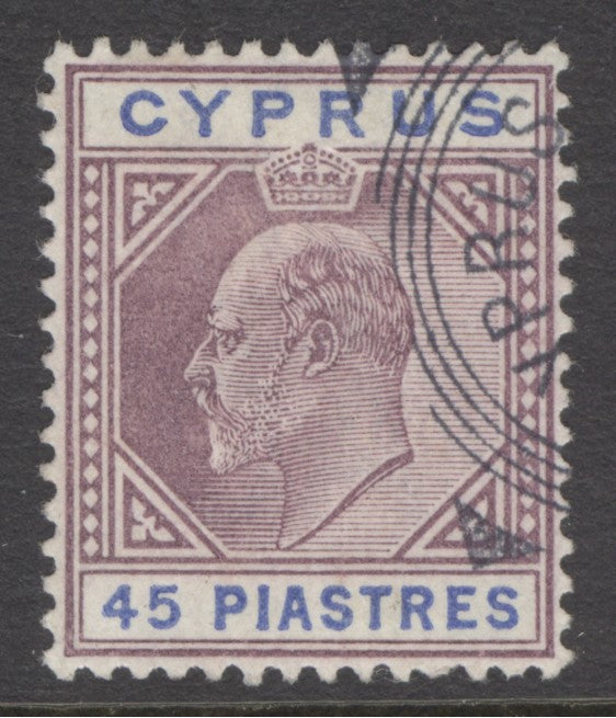 SG 59 Cyprus 1902-04. 45pi dull purple & ultramarine. Superb used, part Cyprus ‘box’ CDS, leaves Kings profile clear CAT £500