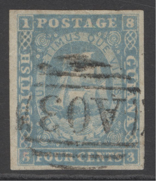 SG 21 British Guiana 1860. Framed figures 4c blue. Very fine used ‘A03’ numeral. 4 fine-large margins CAT £800
