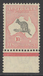 SG 136 Australia 1931-36. 10/- grey & pink. Very lightly mounted mint marginal example. Good colours & well centred CAT £450
