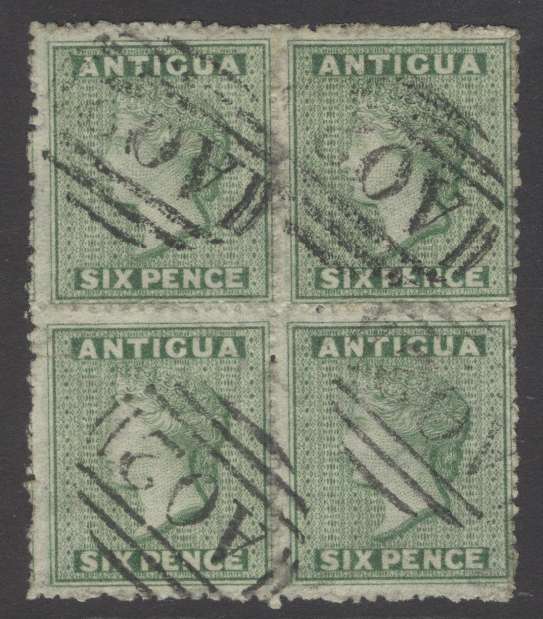 SG 10 Antigua 1863-67. 6d yellow-green block of 4. Very fine used with a ‘A02’ St Johns obliterators CAT £440. RPS cert