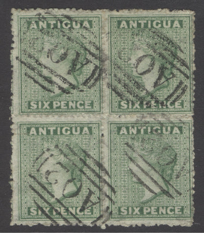 SG 10 Antigua 1863-67. 6d yellow-green block of 4. Very fine used with a ‘A02’ St Johns obliterators CAT £440. RPS cert