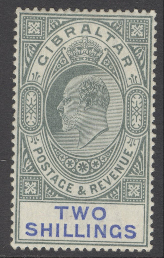 SG 52 Gibraltar 1903. 2/- green & blue. Very lightly mounted mint. Good colour & well centred CAT £150