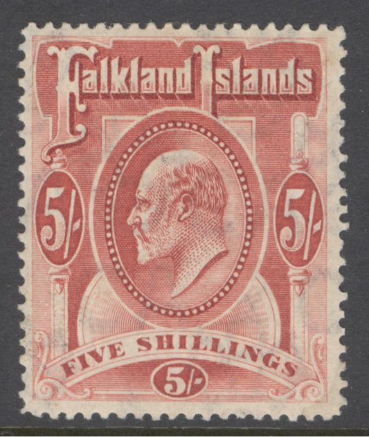 SG 50 Falklands 1904-12. 5/- red. A fine fresh lightly mounted mint example CAT £225