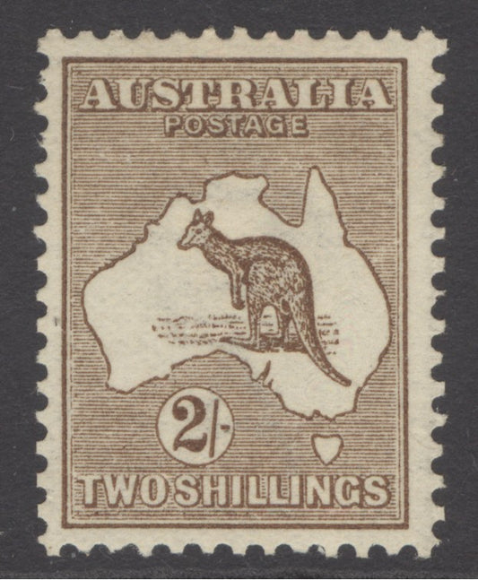 SG 12 Australia 1913-14. 2/- brown, watermark 2, die 2, perf 12. A fine fresh, well centred, lightly mounted mint example CAT £275