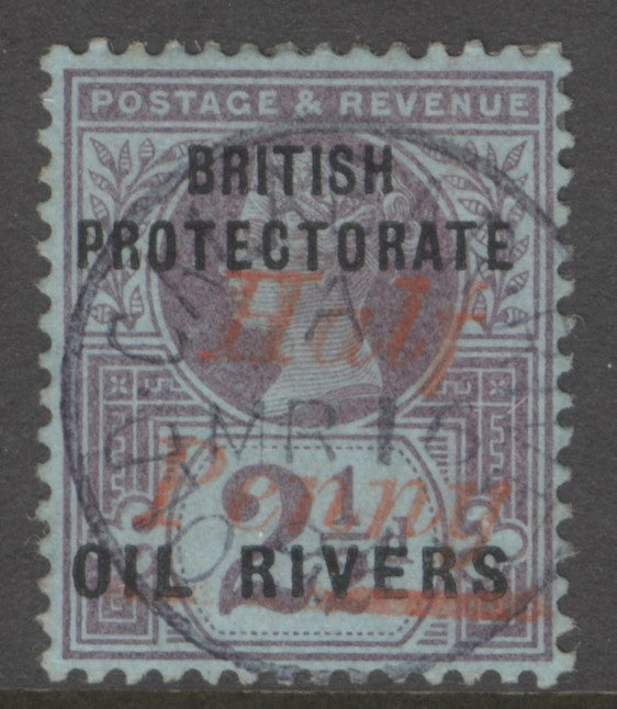 SG 25 Niger Coast Protectorate 1883. ½d in vermilion (type 8) on 2½d purple on blue. Very fine used with a clear Old Calabar CDS CAT £750. RPS cert