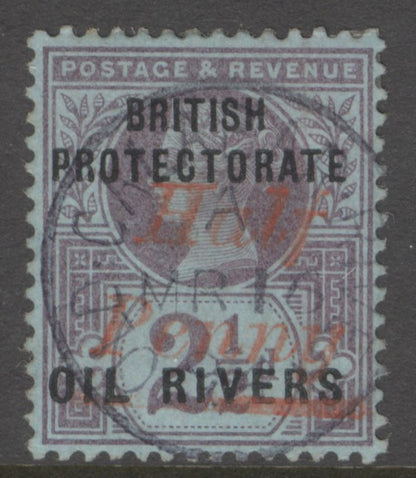 SG 25 Niger Coast Protectorate 1883. ½d in vermilion (type 8) on 2½d purple on blue. Very fine used with a clear Old Calabar CDS CAT £750. RPS cert