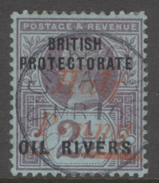 SG 25 Niger Coast Protectorate 1883. ½d in vermilion (type 8) on 2½d purple on blue. Very fine used with a clear Old Calabar CDS CAT £750. RPS cert