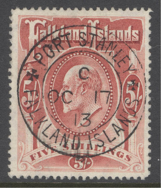 SG 50 Falklands 1904-12. 5/- red. Superb used with an upright crisply struck Port Stanley Island CDS, Oct 17th 1913. An exceptional example