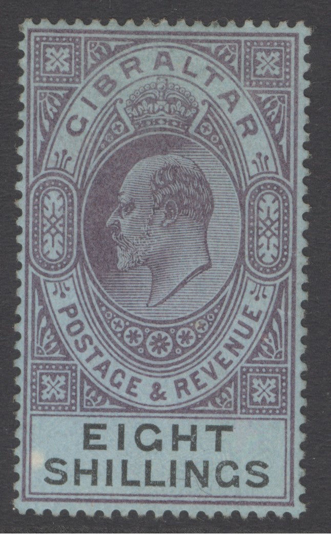 SG 54 Gibraltar 1903. 8/- dull purple & black/blue. A fine fresh mounted mint example CAT £180