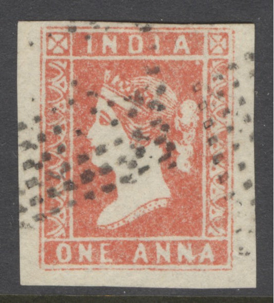 SG 12 India 1854. 1a red. Very fine used. 4 good to huge margins CAT £110