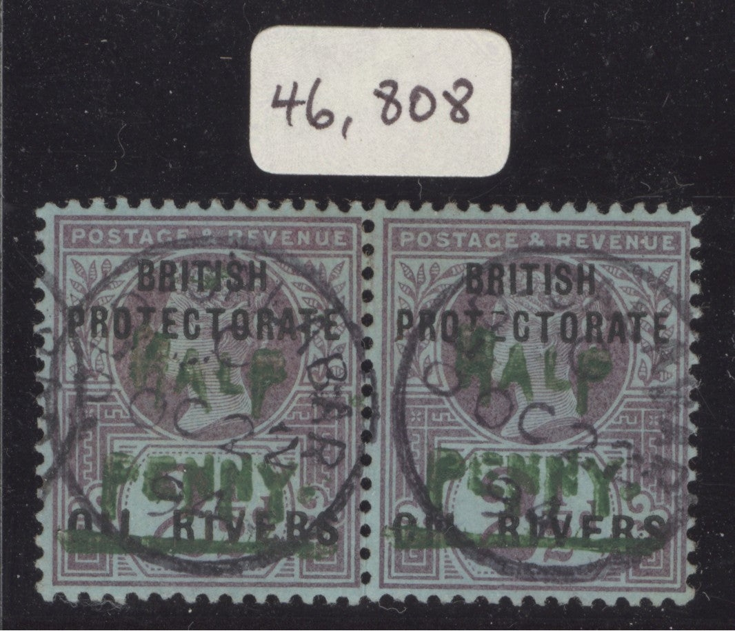 SG 33 Niger Coast protectorate 1893. ½d surcharge (type 9 in green) on blue paper, horizontal pair with old Calabar 22-10-94 CDS's CAT £1000