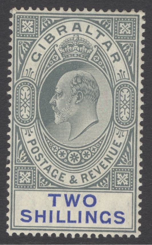 SG 62 Gibraltar 1904-08. 2/- green & blue. Very lightly mounted mint CAT £140