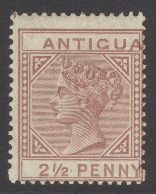 SG 22 Antigua 1884. 2½d red-brown, watermark CA, perf 14, showing frame & lettering misplaced. Lightly mounted mint CAT £190
