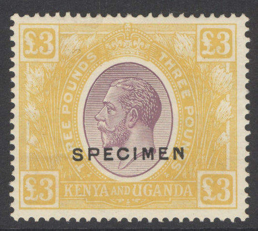 SG 92s KUT 1922-27. £3 purple & yellow, overprinted specimen. Very lightly mounted mint. Good colour & centring, light gum bend