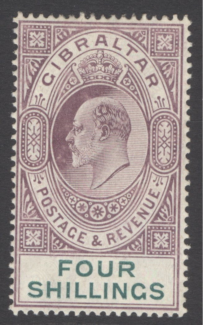 SG 63 Gibraltar 1904-08. 4/- deep purple & green. A fine fresh very lightly mounted mint example CAT £375