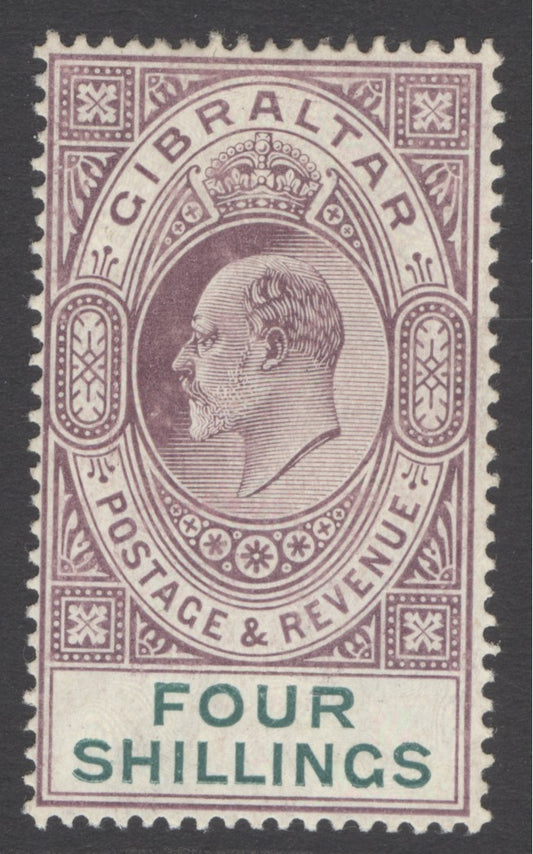 SG 63 Gibraltar 1904-08. 4/- deep purple & green. A fine fresh very lightly mounted mint example CAT £375