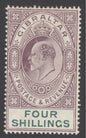 SG 63 Gibraltar 1904-08. 4/- deep purple & green. A fine fresh very lightly mounted mint example CAT £375