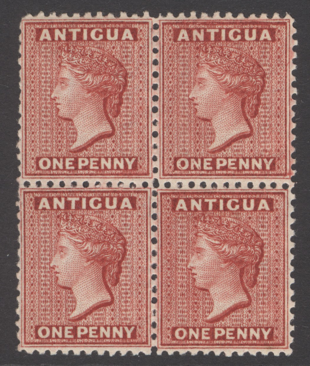 SG 24 Antigua 1884. 1d carmine-red, perf 12. Fine unmounted mint block of 4 CAT £240