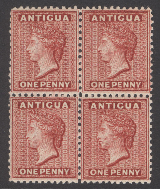 SG 24 Antigua 1884. 1d carmine-red, perf 12. Fine unmounted mint block of 4 CAT £240