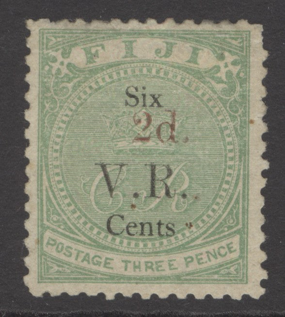 SG 23 Fiji 1875. 2d on 6c on 3d green. A fine fresh mounted mint example. Scarce CAT £900
