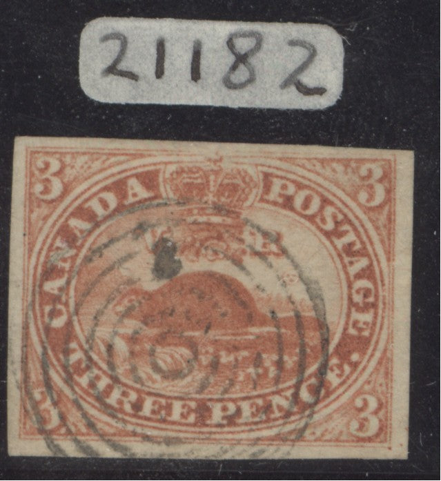 SG 18 Canada 1857. 3d red, machine made paper, neatly cancelled with a target obliterator. 4 fine margins CAT £450. David Brandon cert