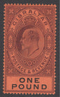 SG 64 Gibraltar 1904-08. £1 deep purple & black/red. A fine fresh very lightly mounted mint example CAT £650