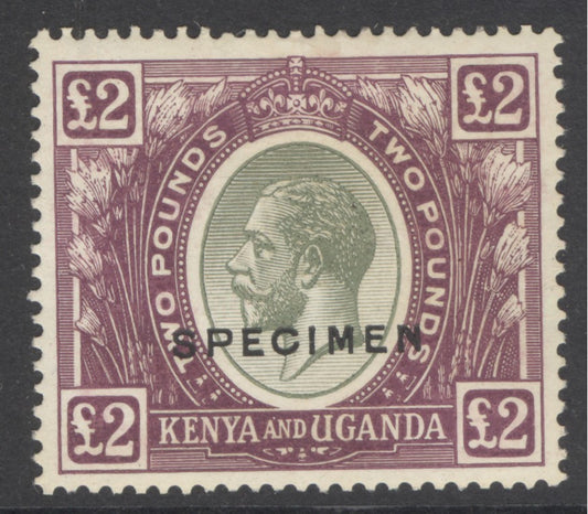 SG 96 KUT 1922-27. £2 green & purple, overprinted specimen. Very lightly mounted mint. Good colour & well centred