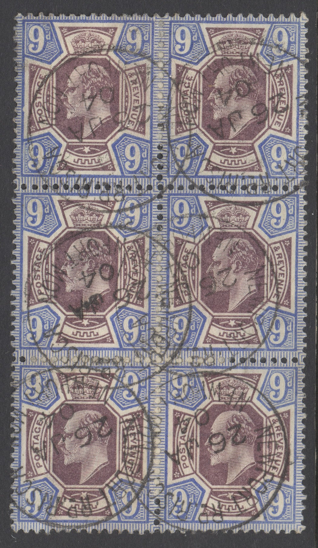 SG 250 9d dull purple & blue on ordinary paper block of 6. Very fine used with Newprt 26th Jan 1904 CDS’s