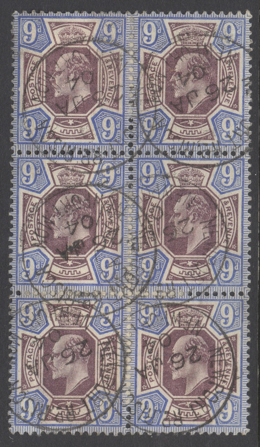 SG 250 9d dull purple & blue on ordinary paper block of 6. Very fine used with Newprt 26th Jan 1904 CDS’s