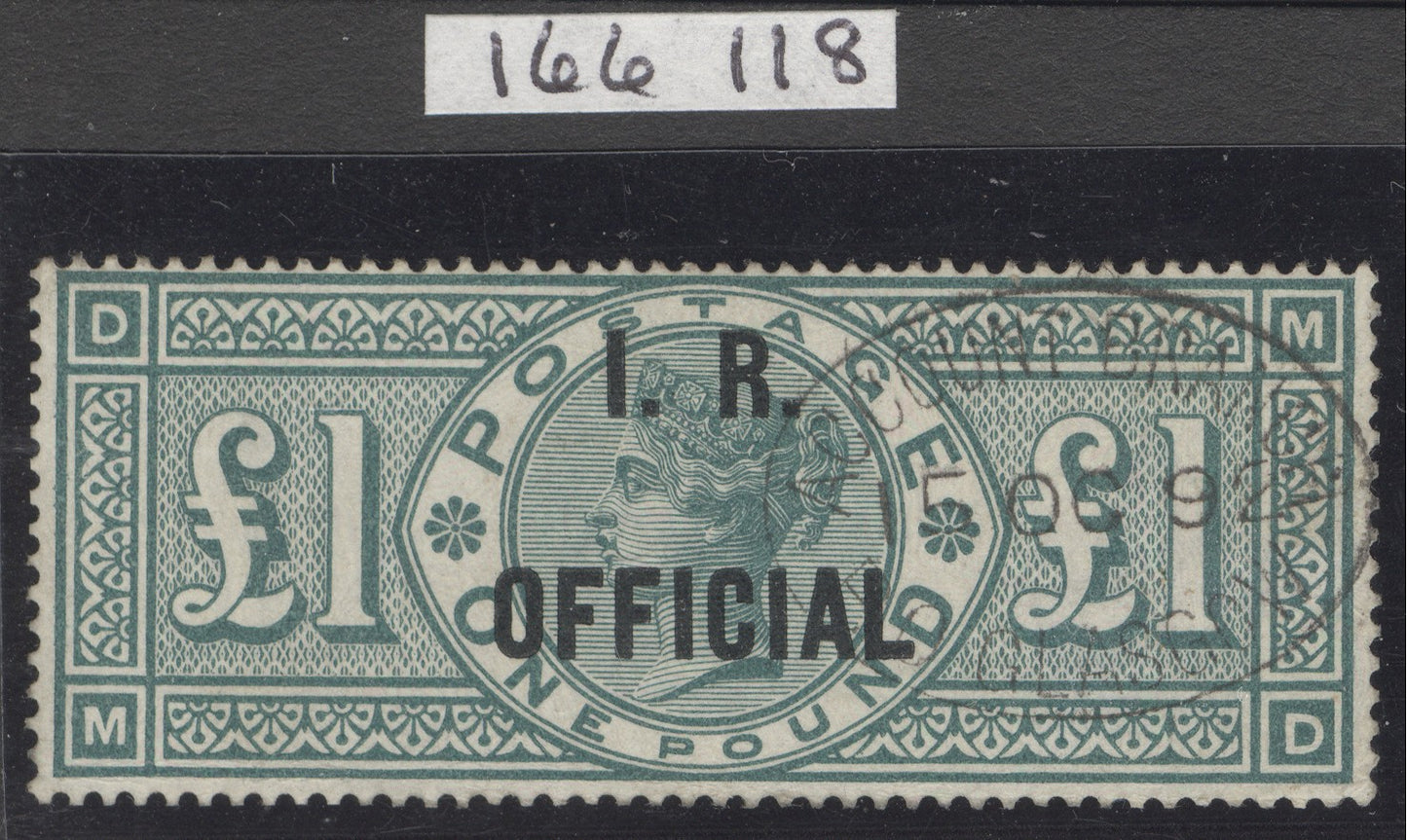 SG O16 £1 green I.R. official. Very fine used with a Glasgow accounts. Lightly placed cancel clear of Queens profile. Good colour & well centred. RPS cert