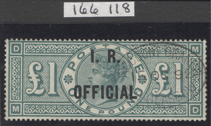 SG O16 £1 green I.R. official. Very fine used with a Glasgow accounts. Lightly placed cancel clear of Queens profile. Good colour & well centred. RPS cert