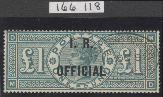 SG O16 £1 green I.R. official. Very fine used with a Glasgow accounts. Lightly placed cancel clear of Queens profile. Good colour & well centred. RPS cert