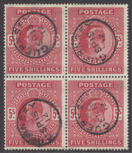 SG 318 5/- carmine block of 4. Very fine used with Guernsey CDS’s, Sept 13th 1912