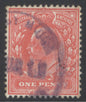 SG 275. 1911 Harrison perf 14, 1d aniline-pink. A fine used example outstanding shade, showing spectacular golden orange fluorescence under the lamp. CDS Aug 1911 CAT £250