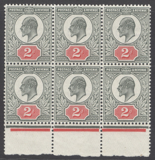 SG 292 2d grey-green & bright carmine. A fine fresh unmounted mint marginal block of 6 CAT £330