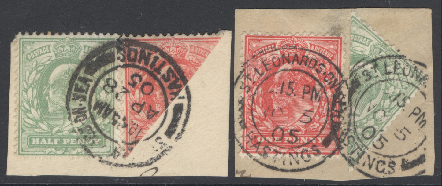 Edward VII 1902-10. ½d & 1d bisects. Fine used on small pieces