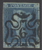 SG 14f 1841 2d blue plate 3 lettered FI. Very fine used with an upright ‘6’ in Maltese cross cancel. 4 margins CAT £650