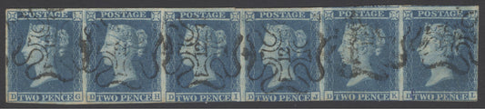 SG 14f 1841 2d blue strip of 6 lettered DA-DL. Very fine used with number ‘12’ in Maltese crosses. Good to large margins at top & left side, slightly into at base. A scarce multiple CAT £2100