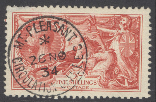 SG 451 5/- bright rose. Very fine used with a crisply struck Mount-Pleasant circulation 26th Nov 1934. Fine deep colour & well centred