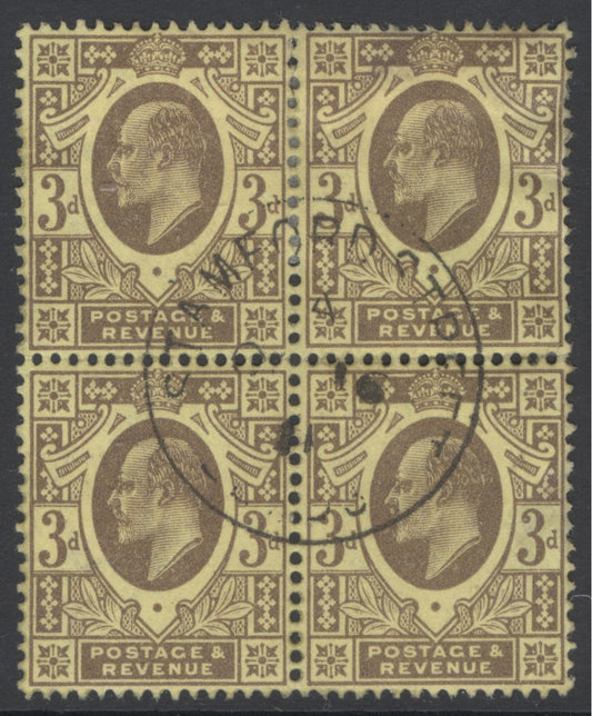 SG 285 3d purple/lemon. Very fine used block of 4 with a Stamford single CDS