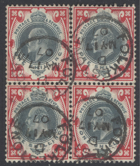 SG 257 1/- dull green & carmine block of 4. Very fine used with Folkstone, May 17th 1907. Some perf splits on top pair