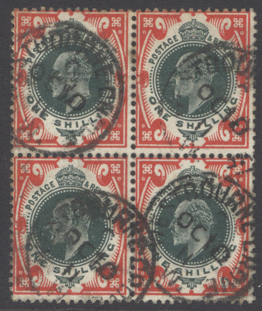 SG 313 1/- deep green & scarlet block of 4. Very fine used with Westbourne, Oct 10th 1911 CDS’s