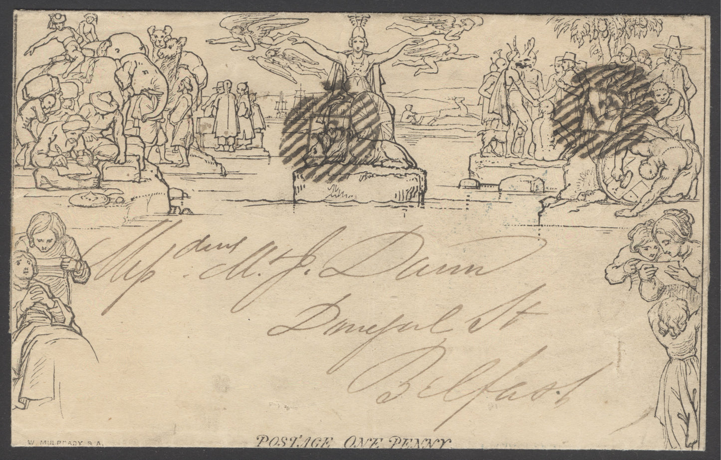 1852 Mulready cover London to Belfast cancelled with two strikes of London No’13’ obliteration, dated Jan 1852